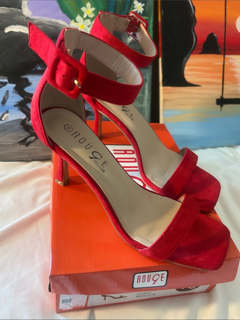 Rouge Helium Vibrant Red Suede Open-Toe Ankle-Strap Heels